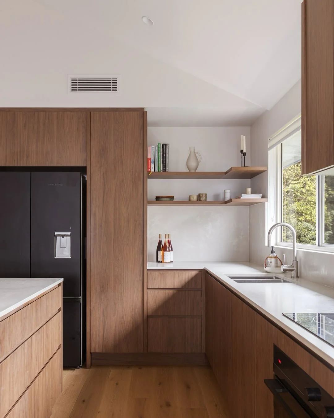 8. Streamlined Simplicity with Open Shelves (Wooden Kitchen Ideas)