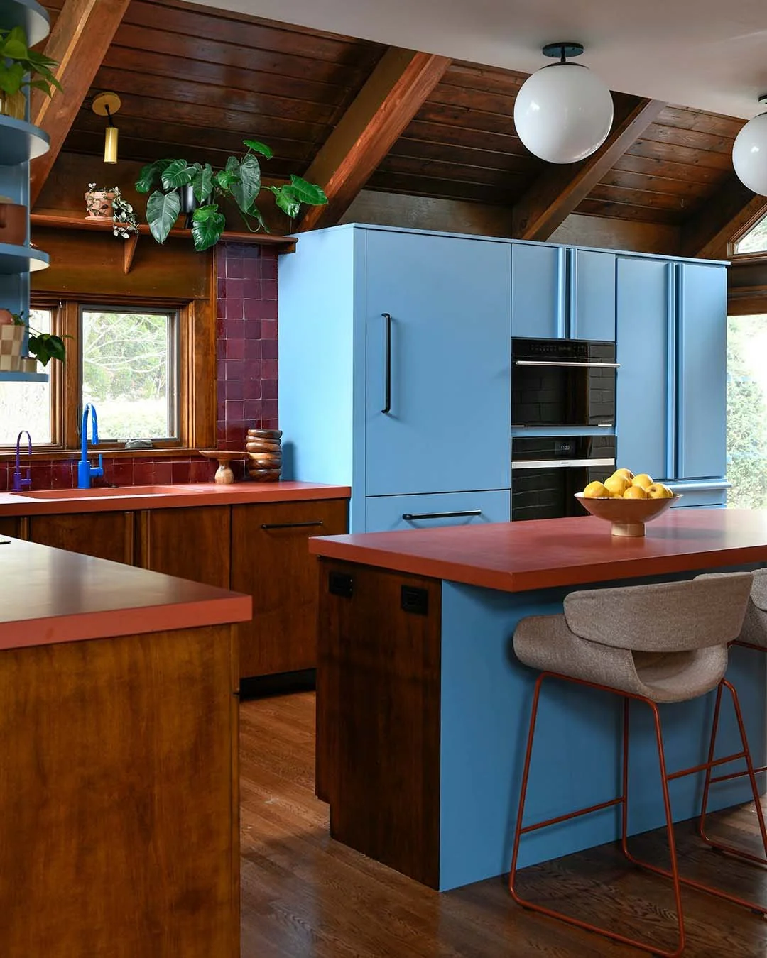 9. Playful Contrast with Blue and Terracotta (Wooden Kitchen Ideas)