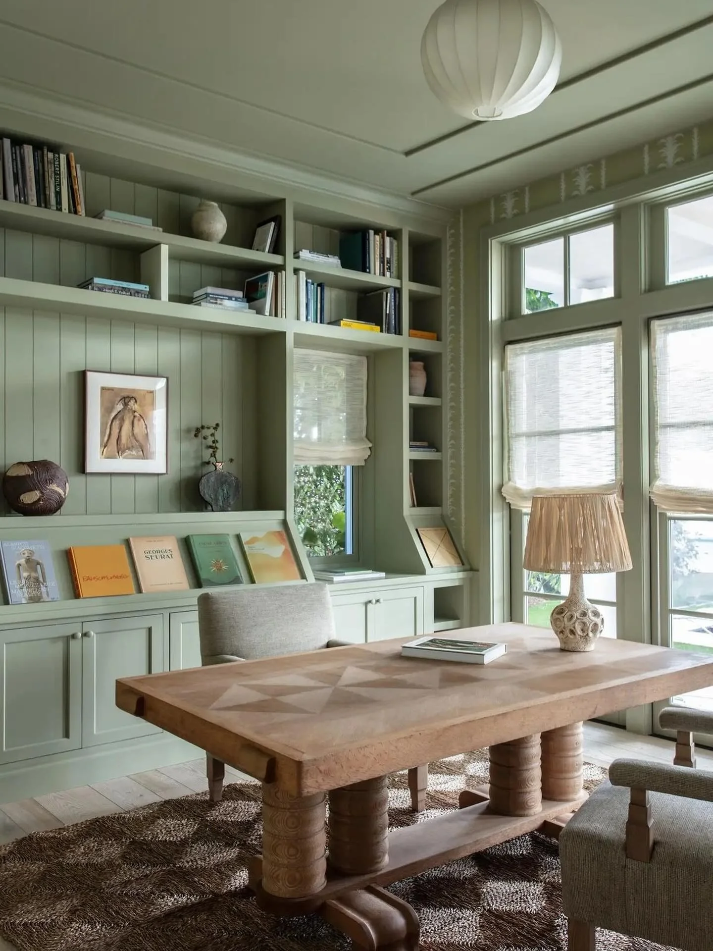 3. Sage Green Library-Inspired Office (Home Office Ideas for Women)