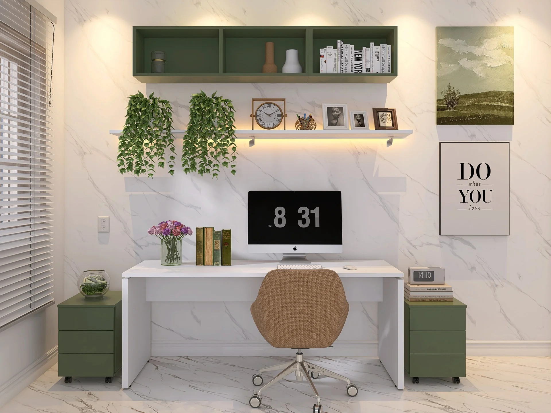 5. Fresh White Office with Green Storage and Accents (Home Office Ideas for Women)