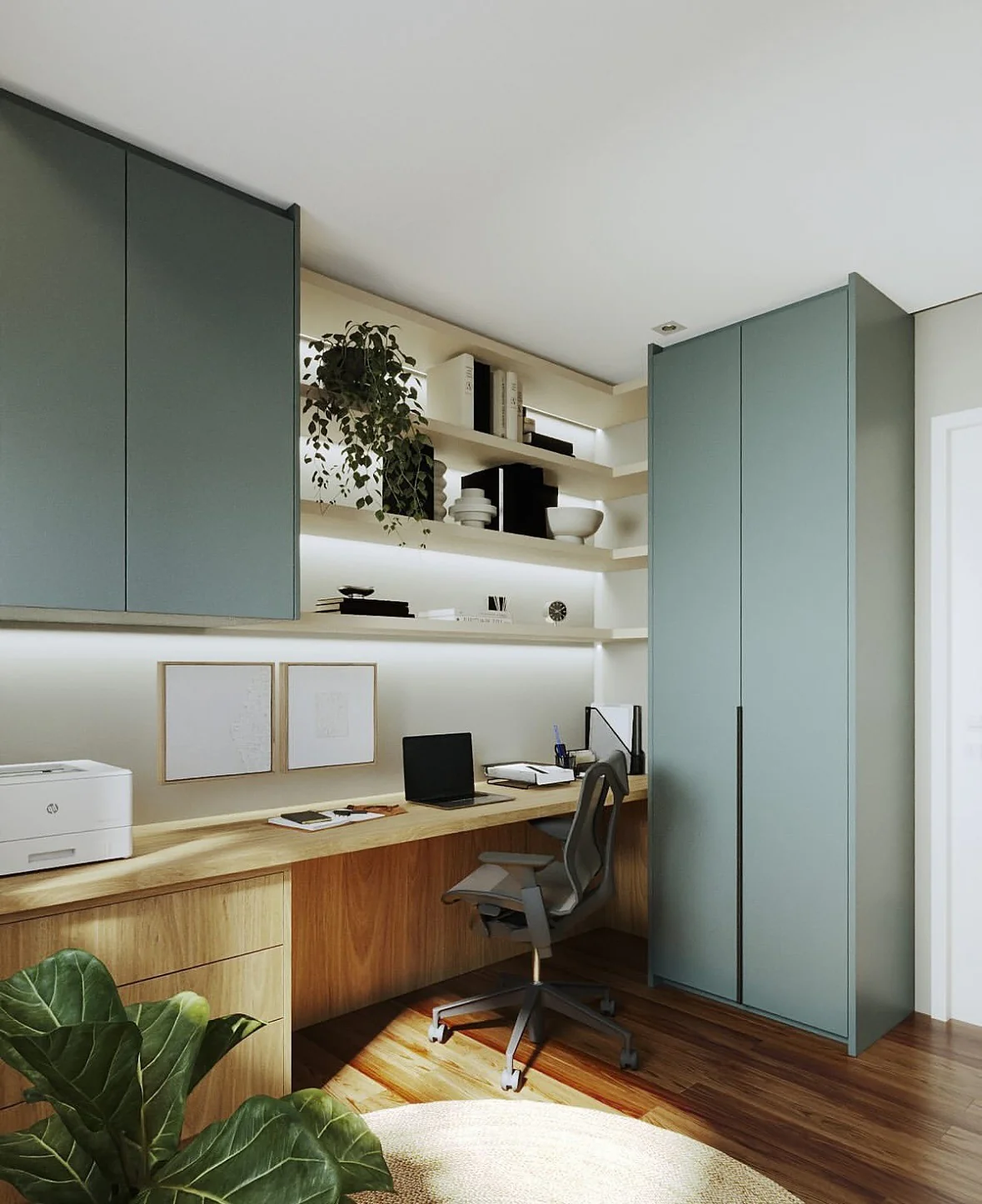 4. Modern Built-In Office with Muted Teal Accents (Home Office Ideas for Women)