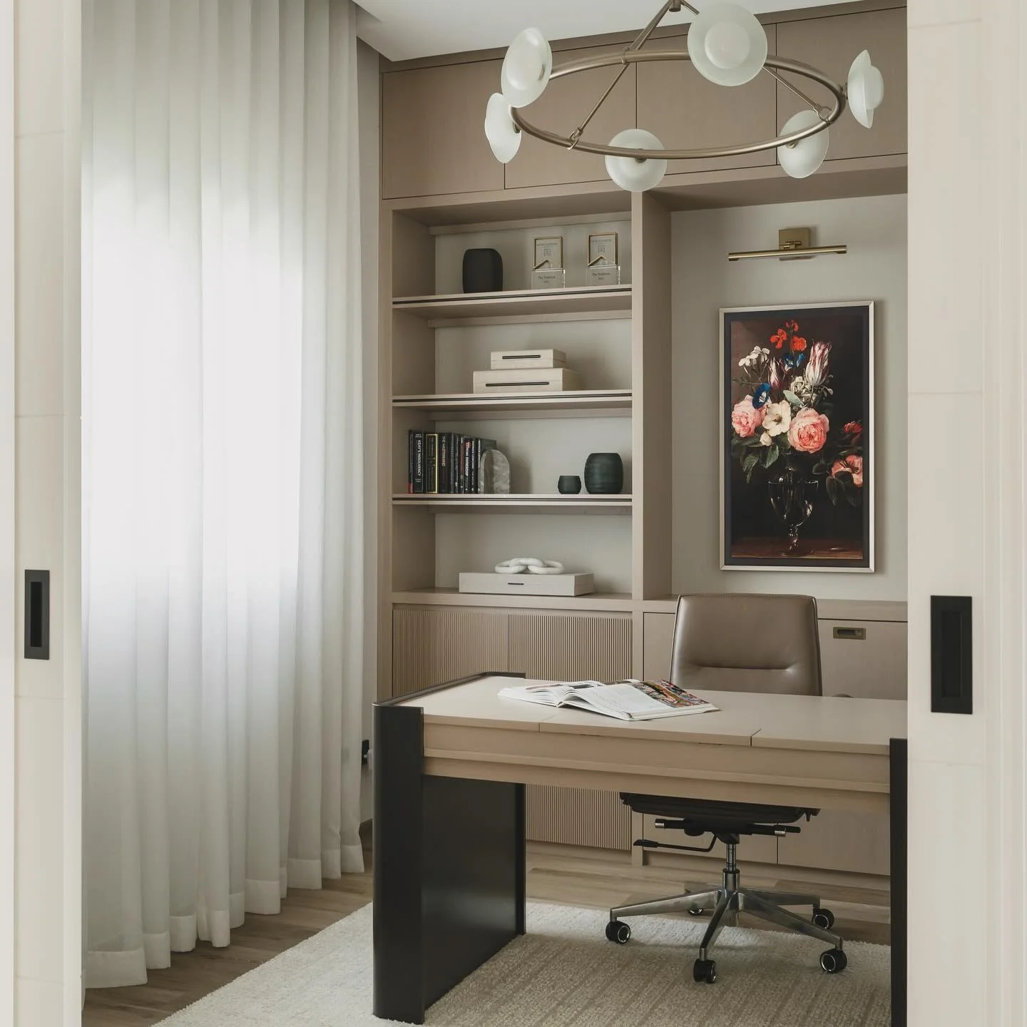 7. Neutral Office with Statement Lighting (Home Office Ideas for Women)