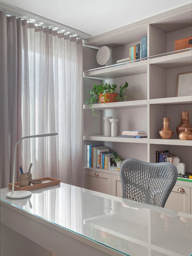 11. Soft Gray Office with Built-In Storage (Home Office Ideas for Women)