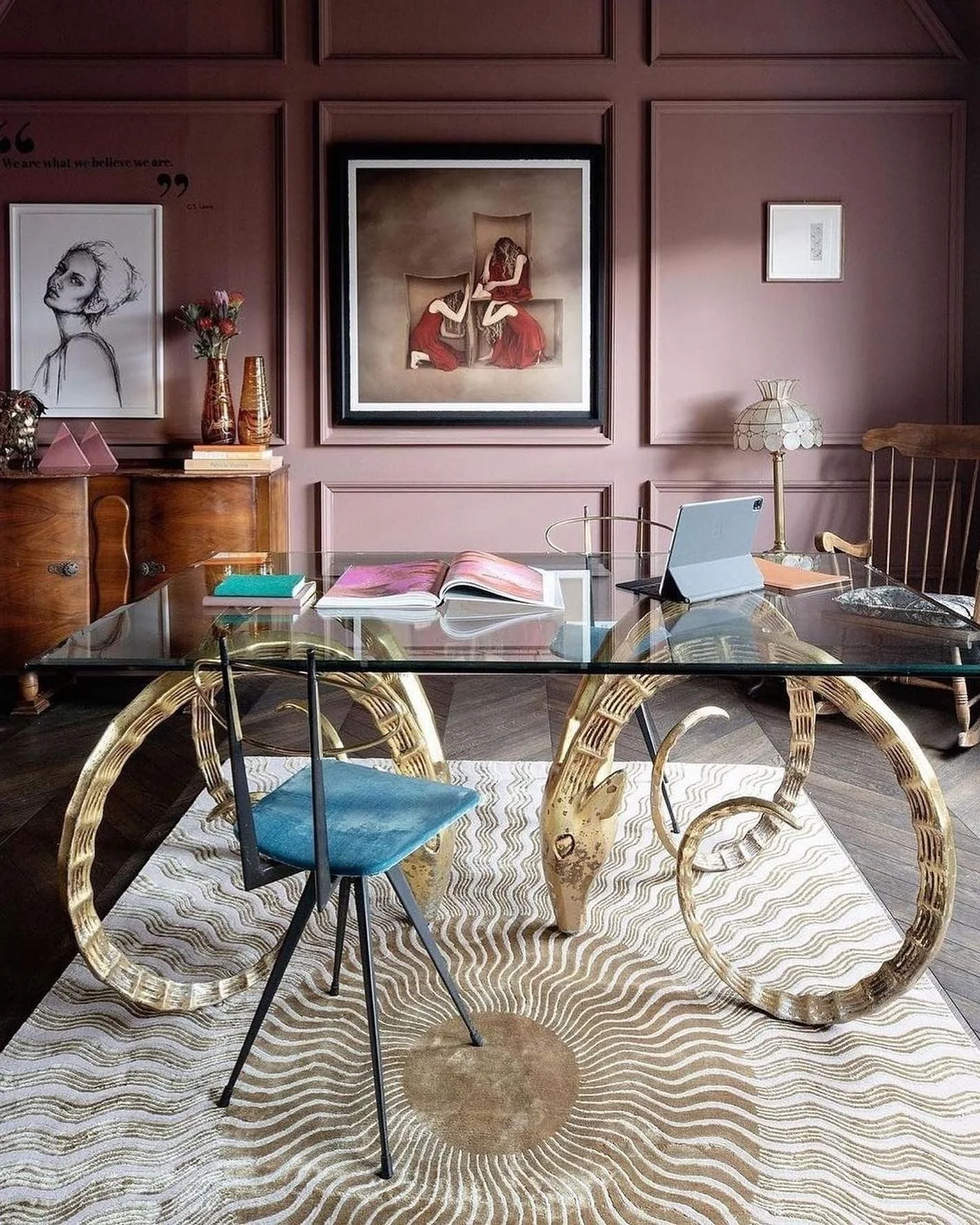 12. Art-Inspired Office with Statement Desk (Home Office Ideas for Women)