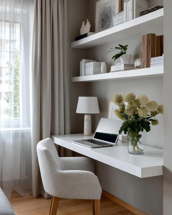 13. Neutral Floating Desk with Modern Elegance (Home Office Ideas for Women)