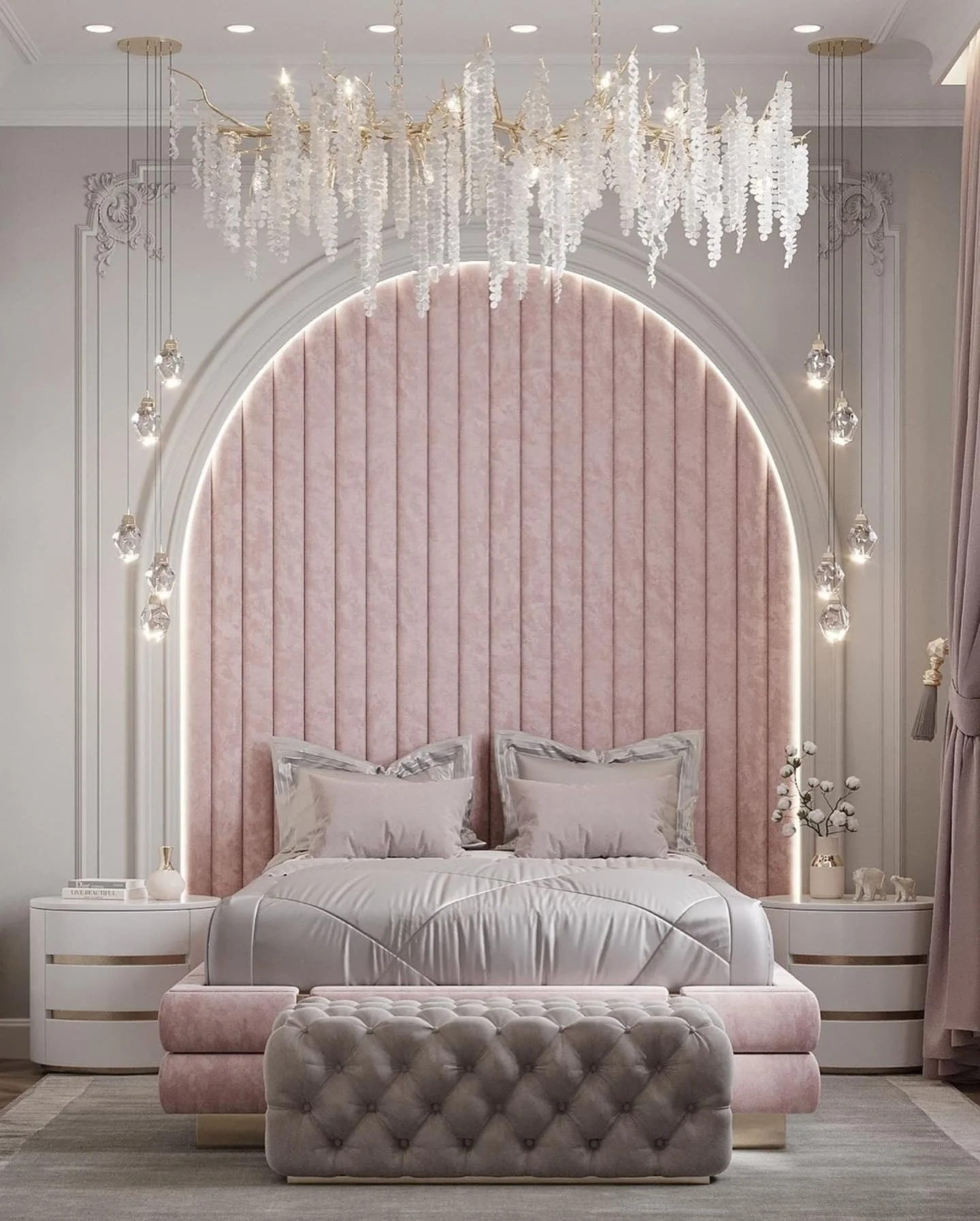 2. Blush Arch Glamour (Royal Bedroom Ideas)