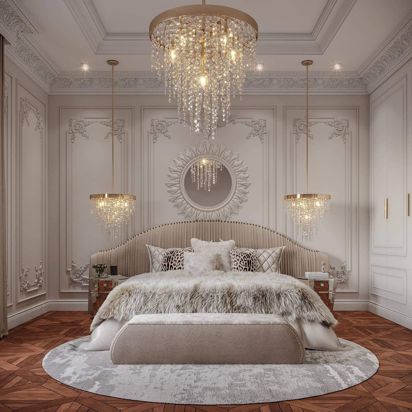 5. Crystal Glow Harmony (Royal Bedroom Ideas)
