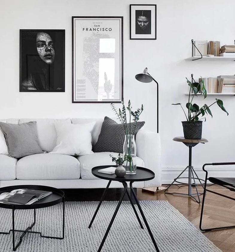 3. Monochrome Elegance with Greenery (Grey, Black and White Living Room Ideas)