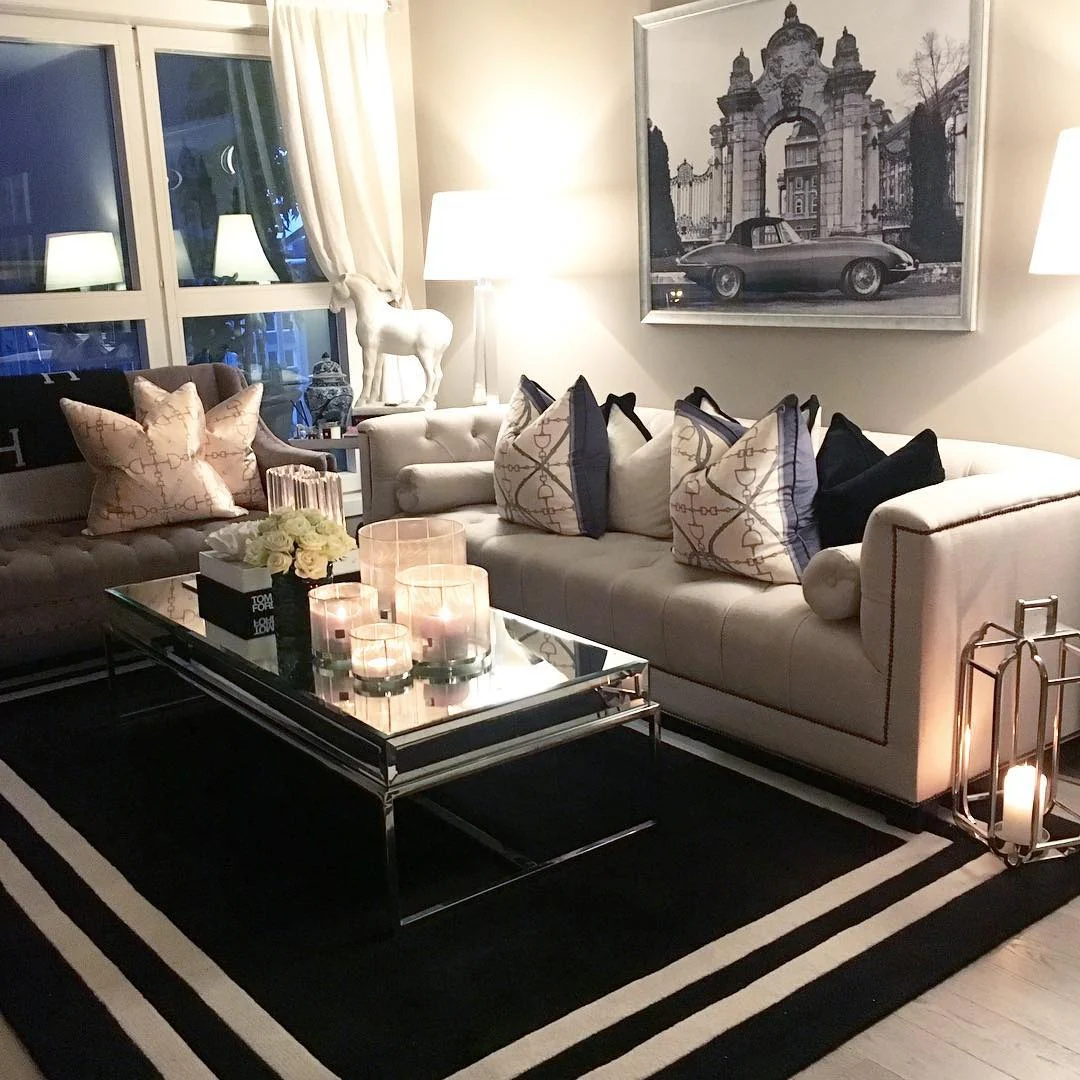 7. Evening Glow with Luxe Touches (Grey, Black and White Living Room Ideas)