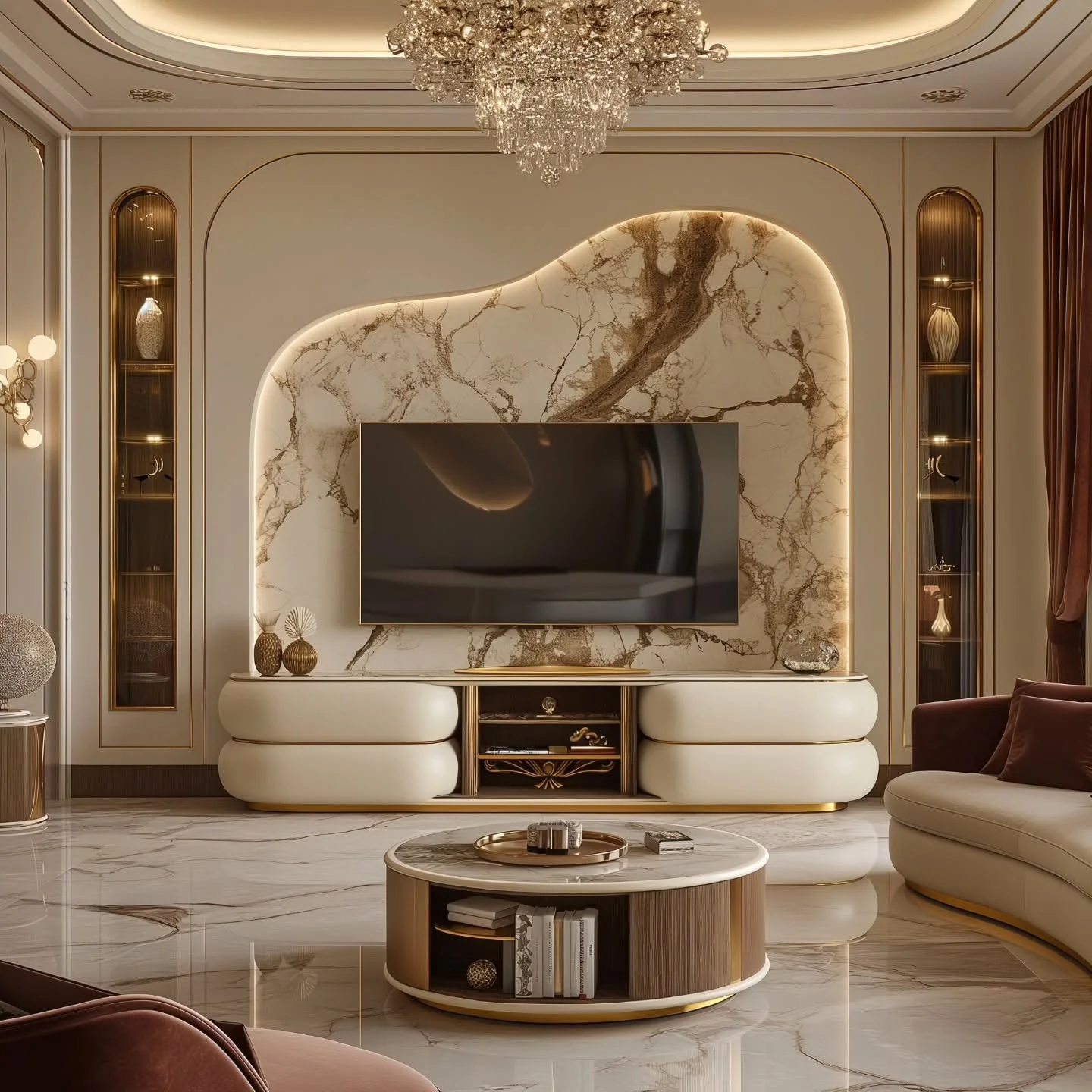 4. Glamorous Marble and Gold Statement (Classy Living Room Ideas)