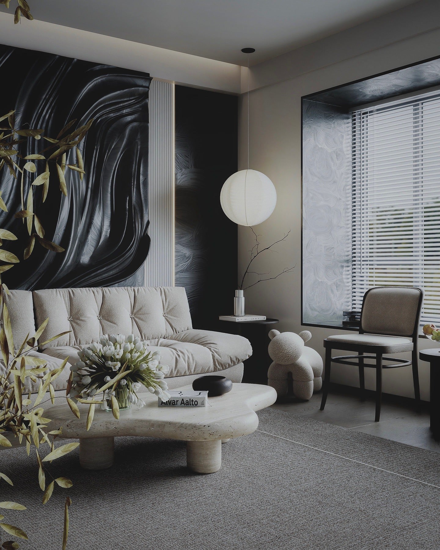 9. Modern Monochrome with Soft Edges (Classy Living Room Ideas)