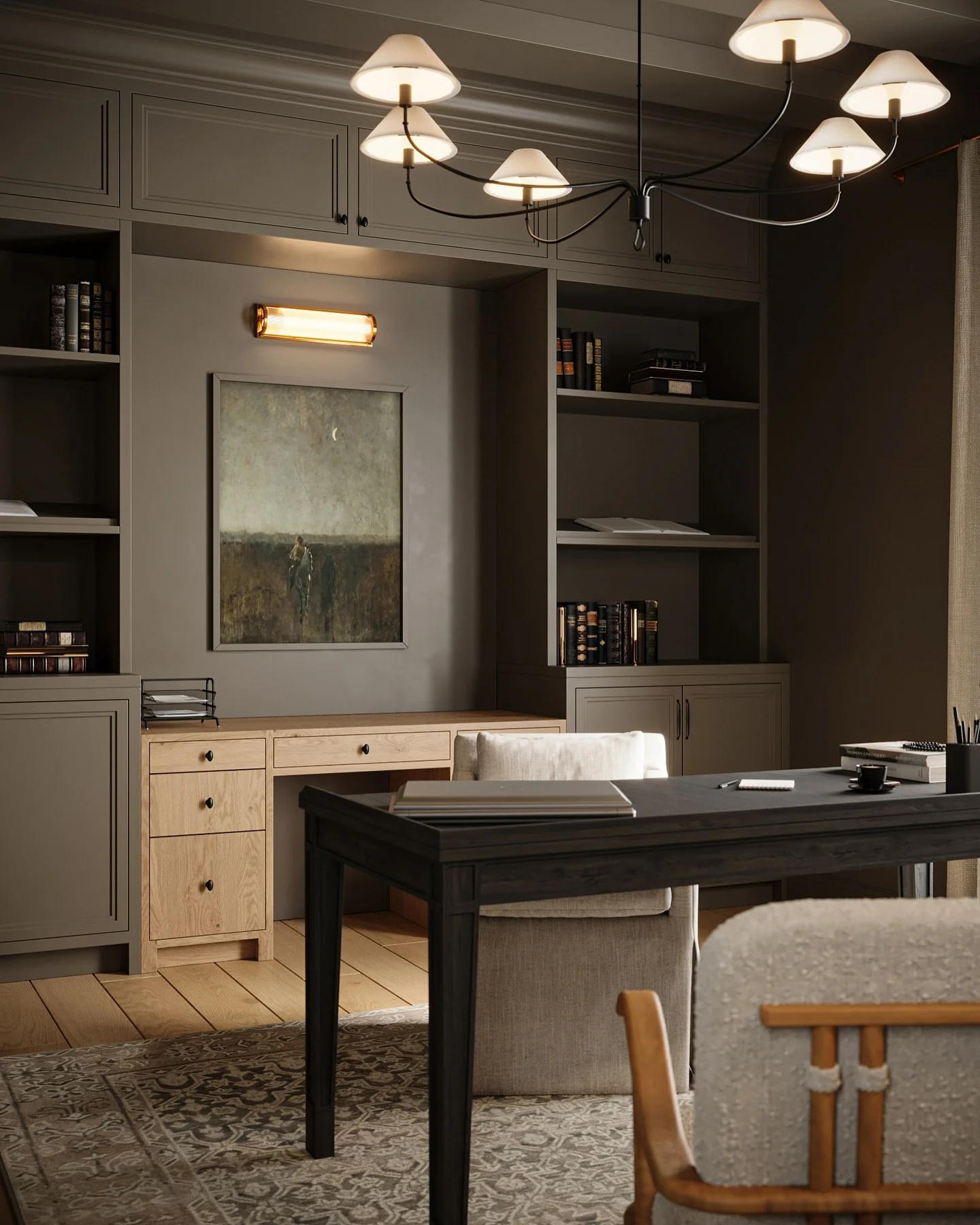 10. Classic Meets Modern Library Office (Minimal Office Ideas)