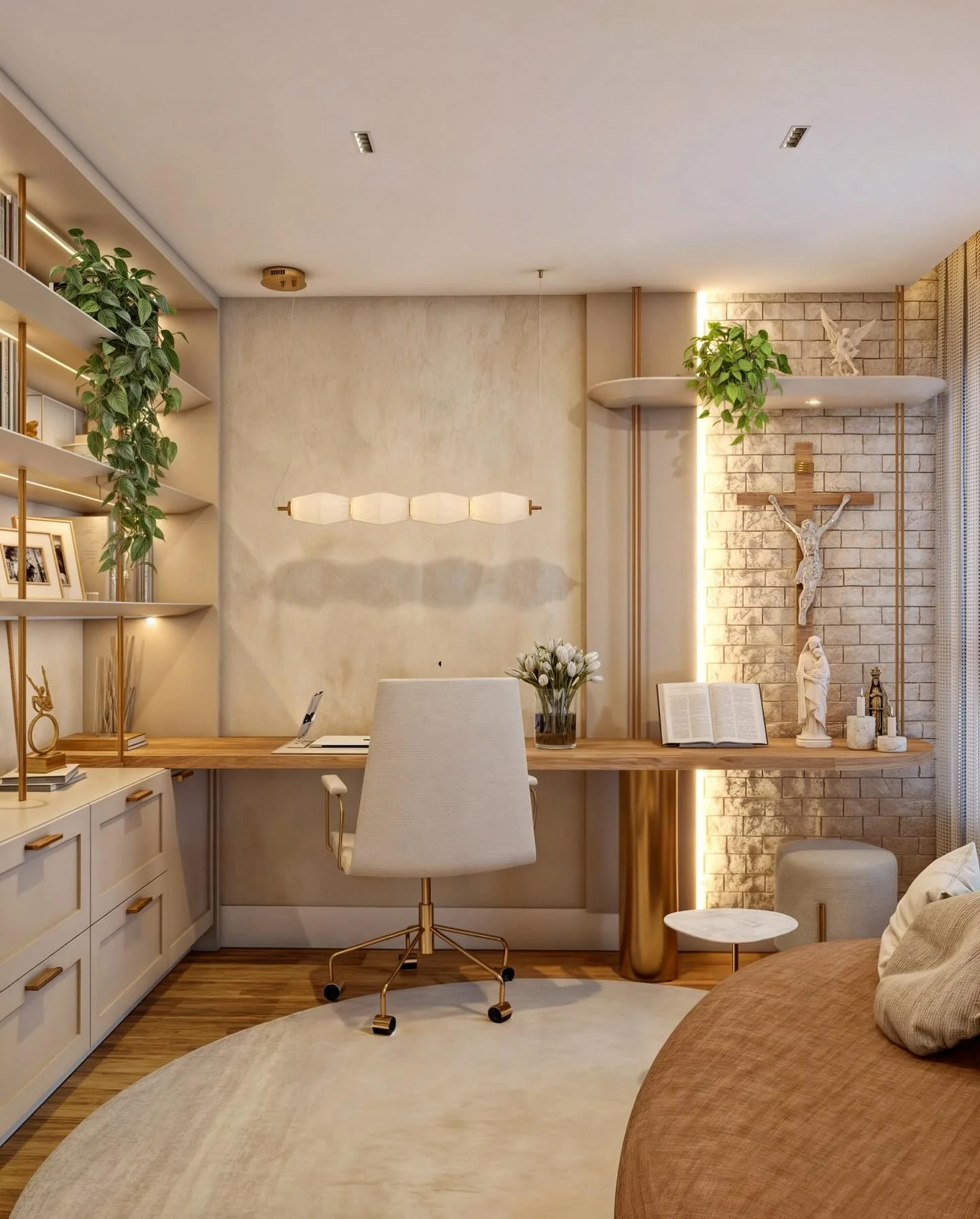 15. Warm Neutral Office with Subtle Gold Details (Minimal Office Ideas)