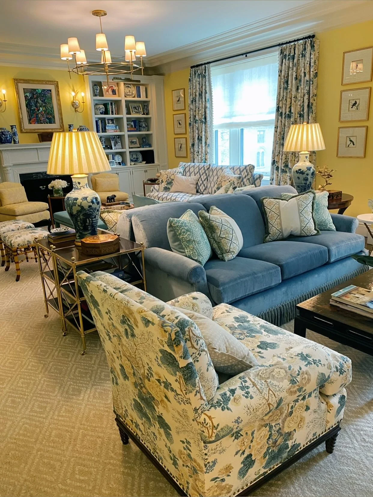 12. Traditional Elegance in Dusty Blue and Golden Yellow (Yellow and Blue Living Room Ideas)