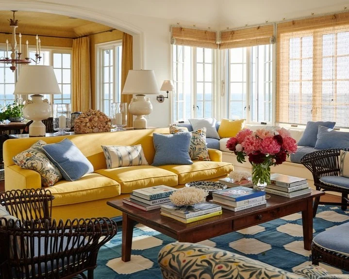 13. Sunny Coastal Style with Nautical Blue Layers (Yellow and Blue Living Room Ideas)