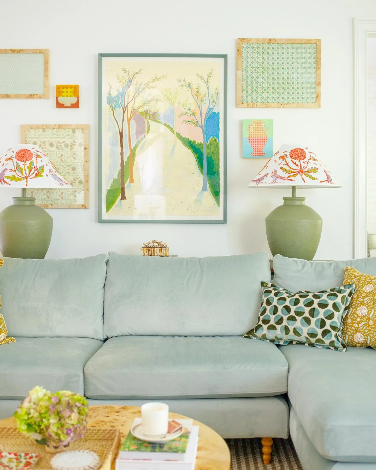 11. Soft Pastels with Botanical Charm (Yellow and Blue Living Room Ideas)