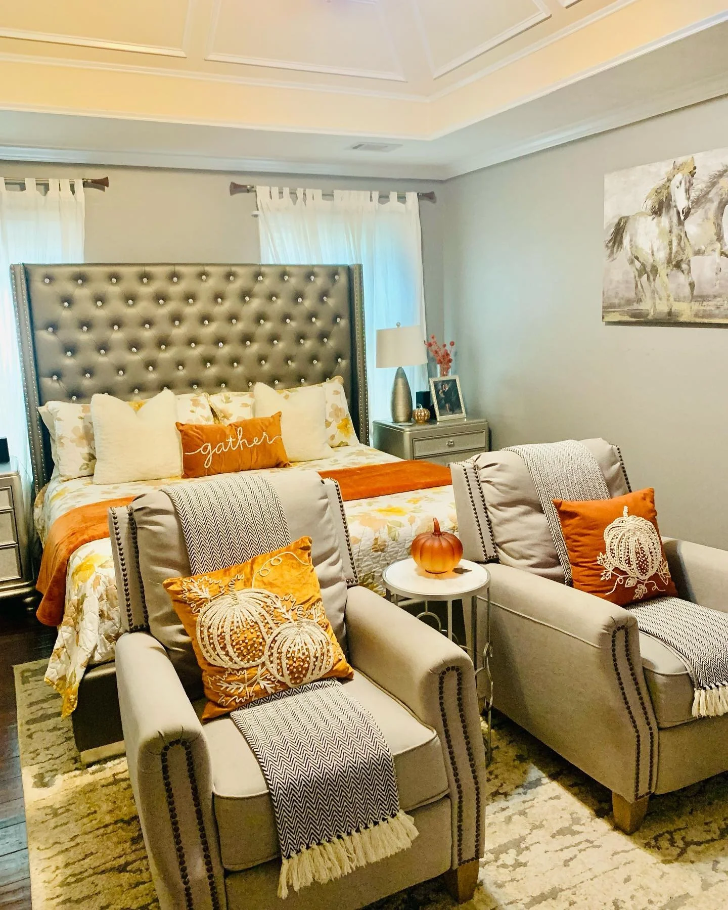 3. Transitional Fall Elegance with Pumpkin Accents (Fall Bedroom Ideas)