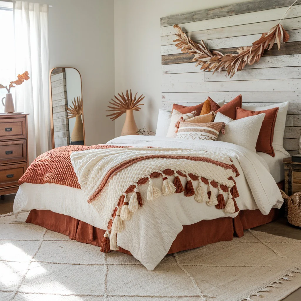 9. Neutral Farmhouse Layers with Subtle Autumn Flair (Fall Bedroom Ideas)