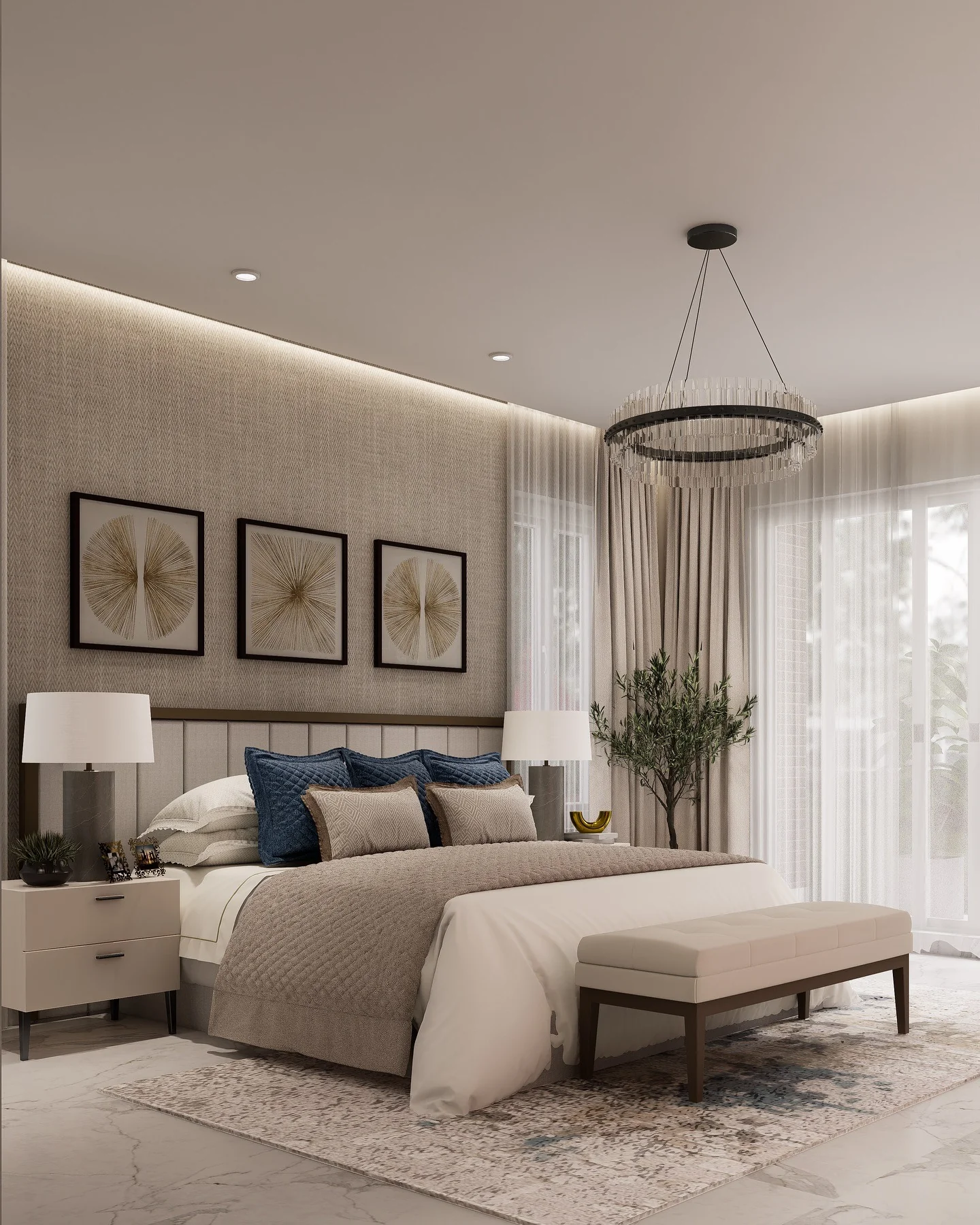 2. Textured Elegance with Blue Accents (Mid Century Bedroom Ideas)