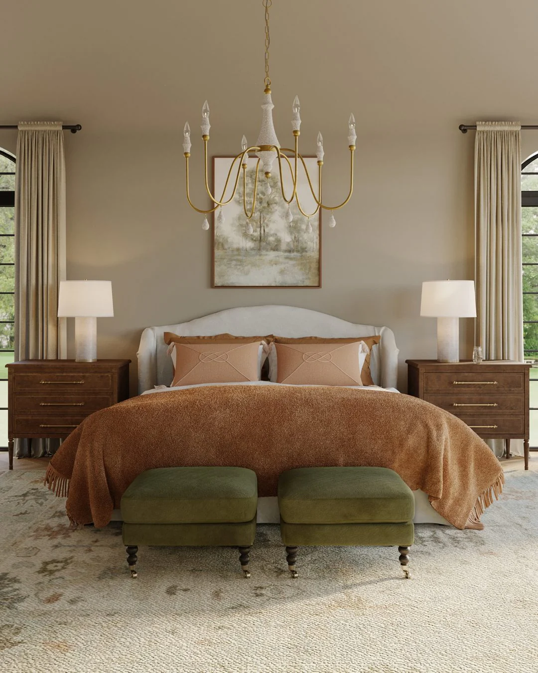 12. Earthy Contrast with Olive and Burnt Sienna Accents (Mid Century Bedroom Ideas)