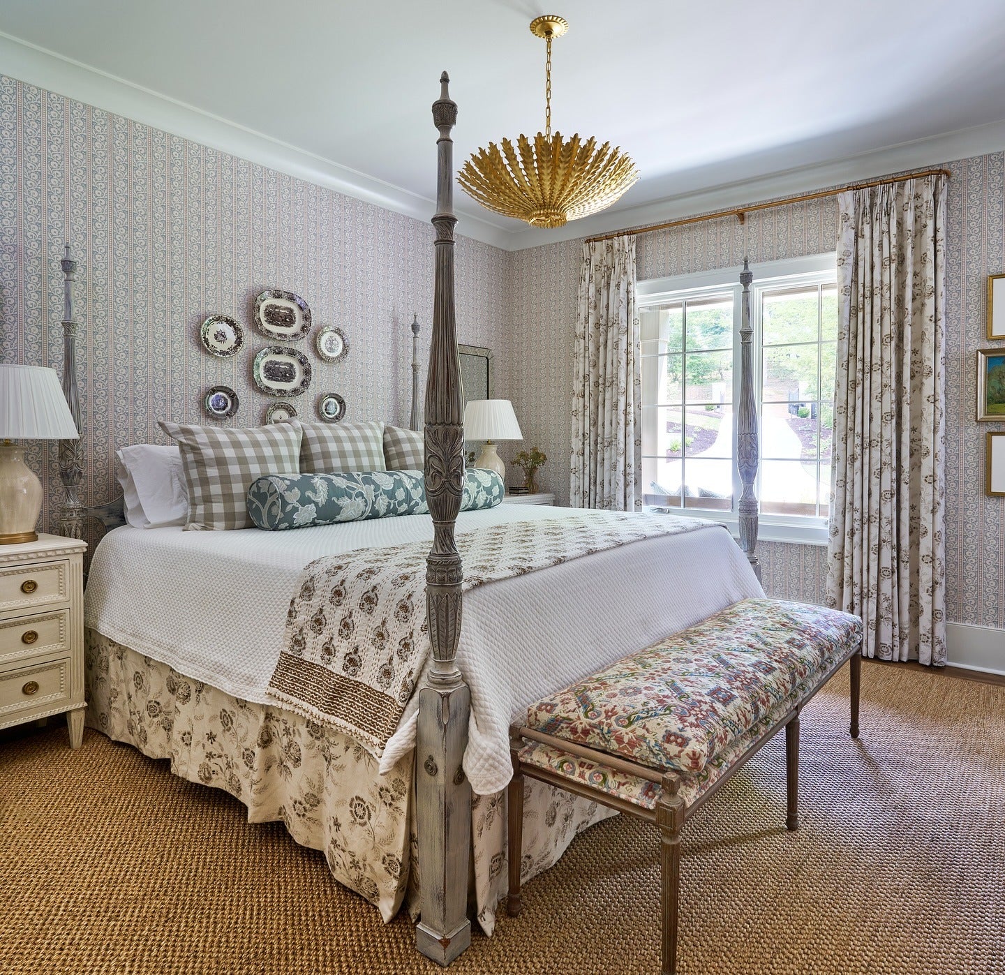 15. Patterned Layers with Botanical and Gingham Accents (Mid Century Bedroom Ideas)