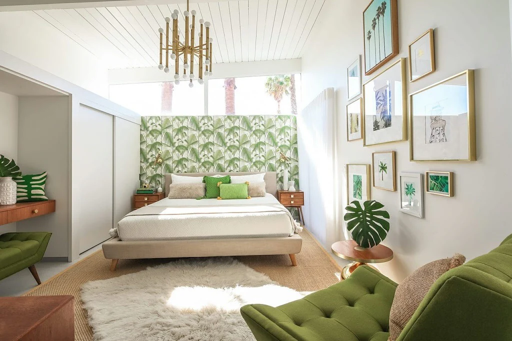 14. Palm Springs Green with Bold Botanical Patterns (Mid Century Bedroom Ideas)