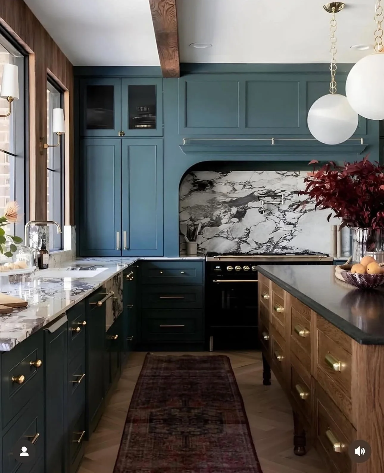 4. Moody Jewel Tones Meet Natural Texture (Kitchen Rug Ideas)
