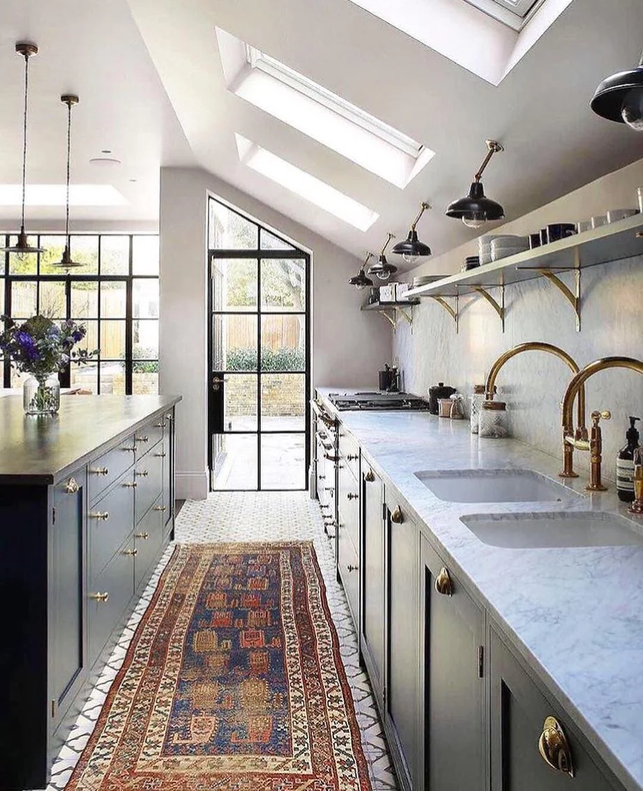 15. European Blue and Brass with Vintage Character (Kitchen Rug Ideas)