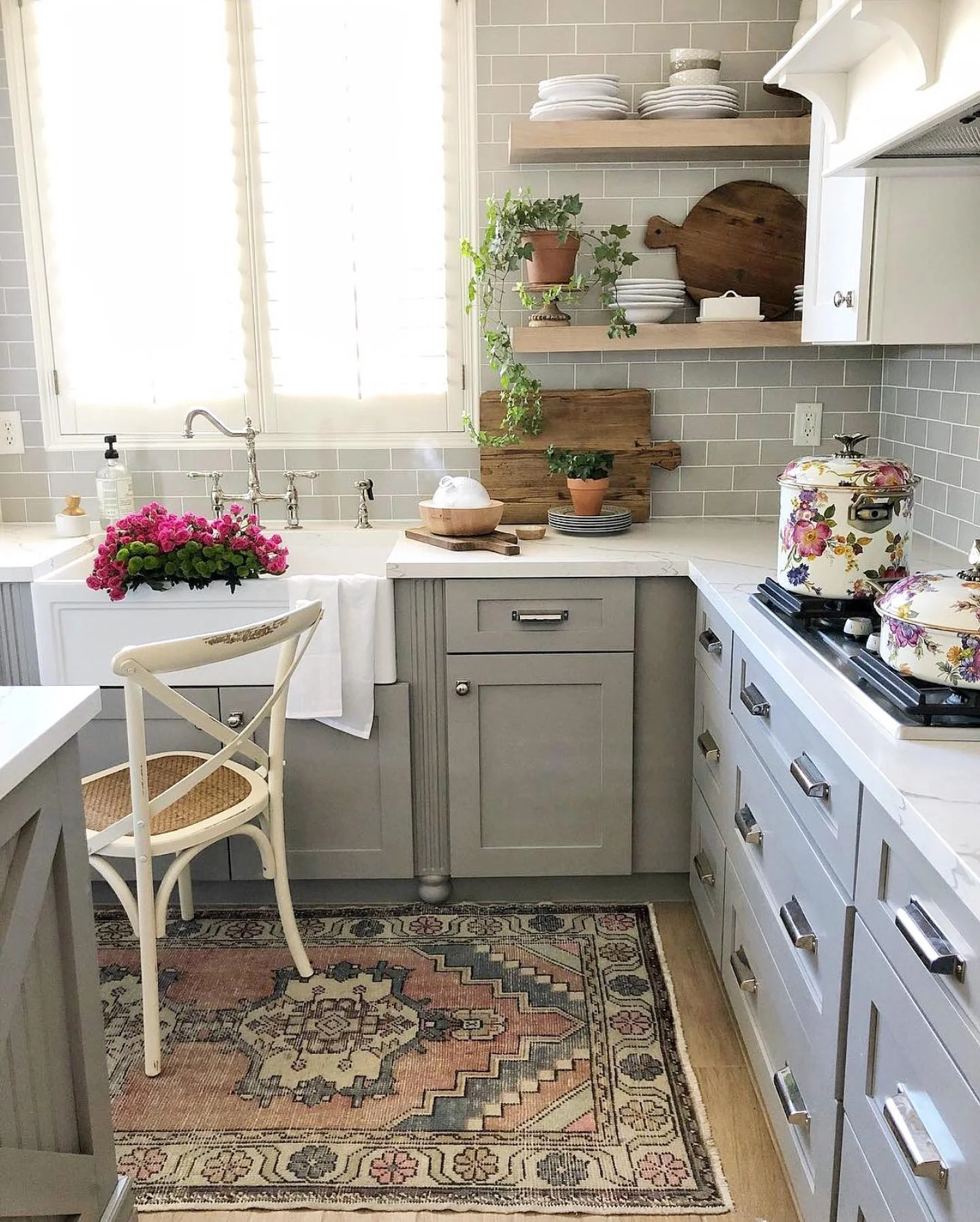 16. Vintage Softness in a Cottage Gray Palette (Kitchen Rug Ideas)