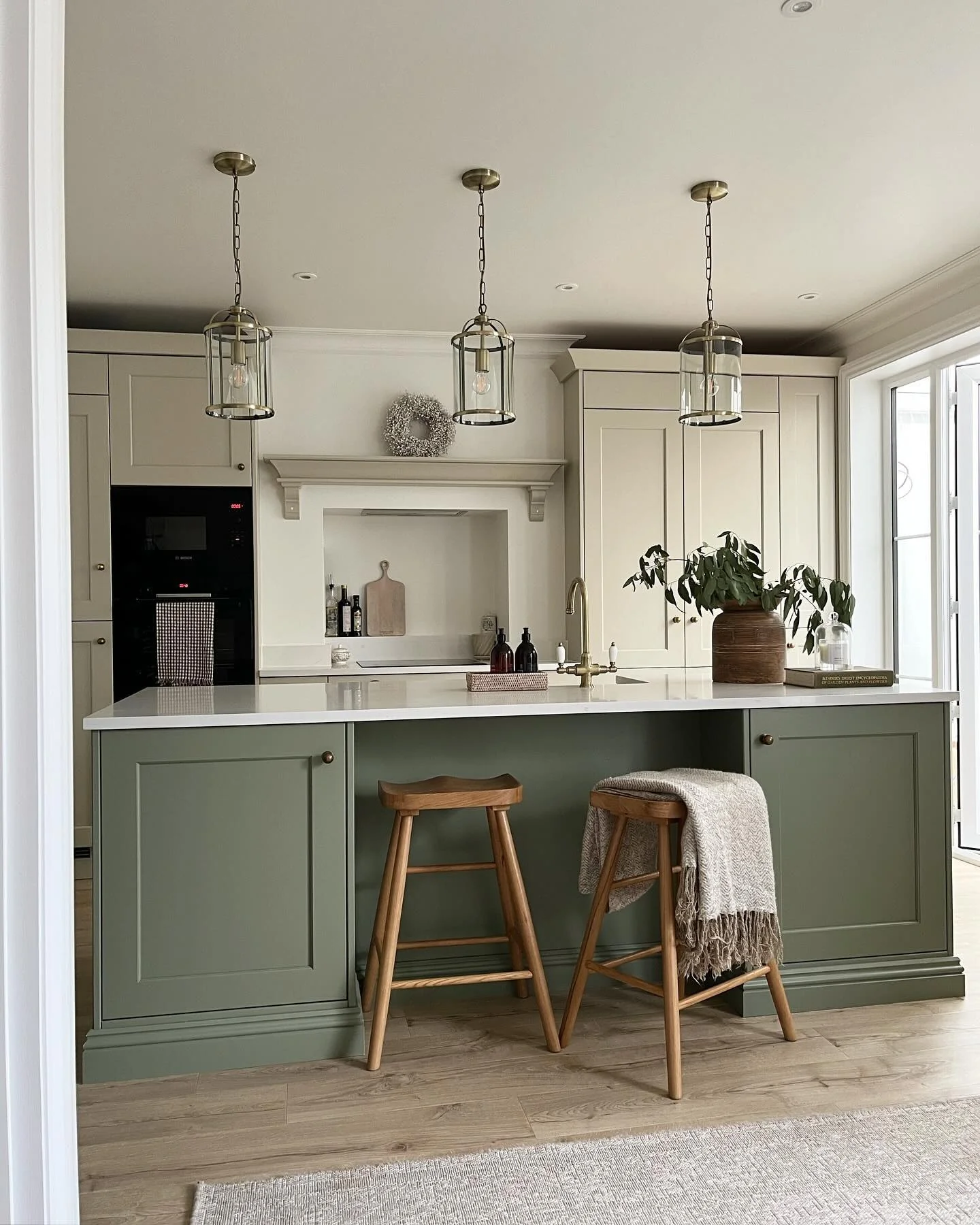 12. Olive Green & Soft Beige: Timeless English Charm (Two Tone Kitchen Ideas)
