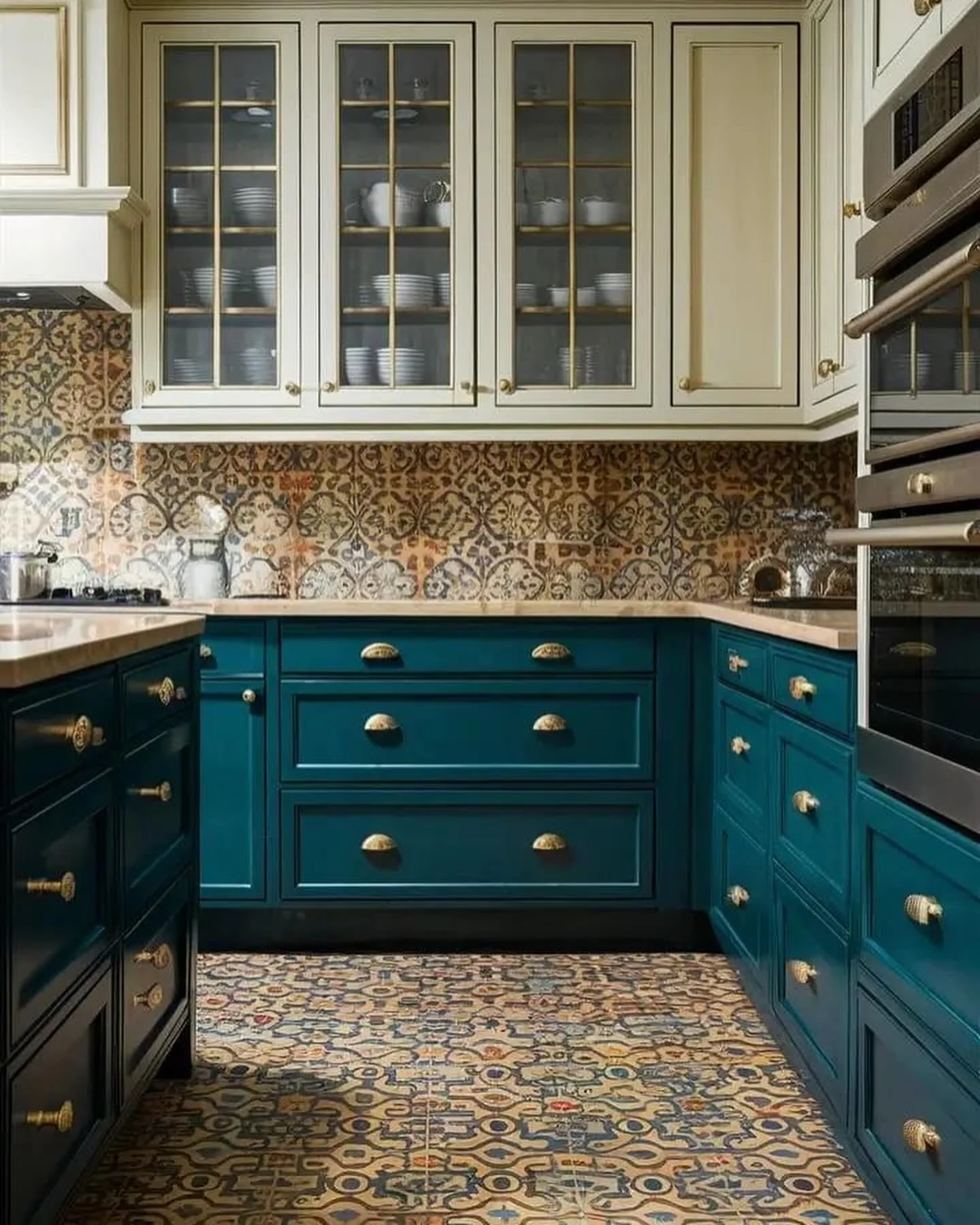 15. Teal Blue & Cream: Mediterranean-Inspired Elegance (Two Tone Kitchen Ideas)