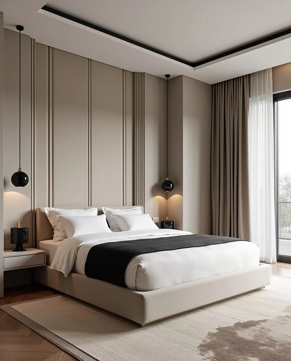 6. Minimalist Statement with Bold Contrast (Black and Cream Bedroom Ideas)