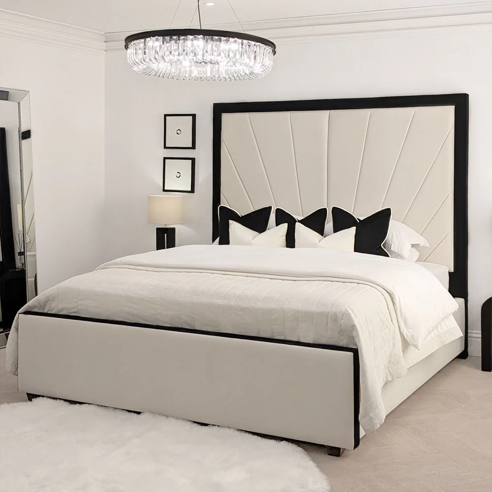 9. Geometric Framing and Hollywood Style (Black and Cream Bedroom Ideas)