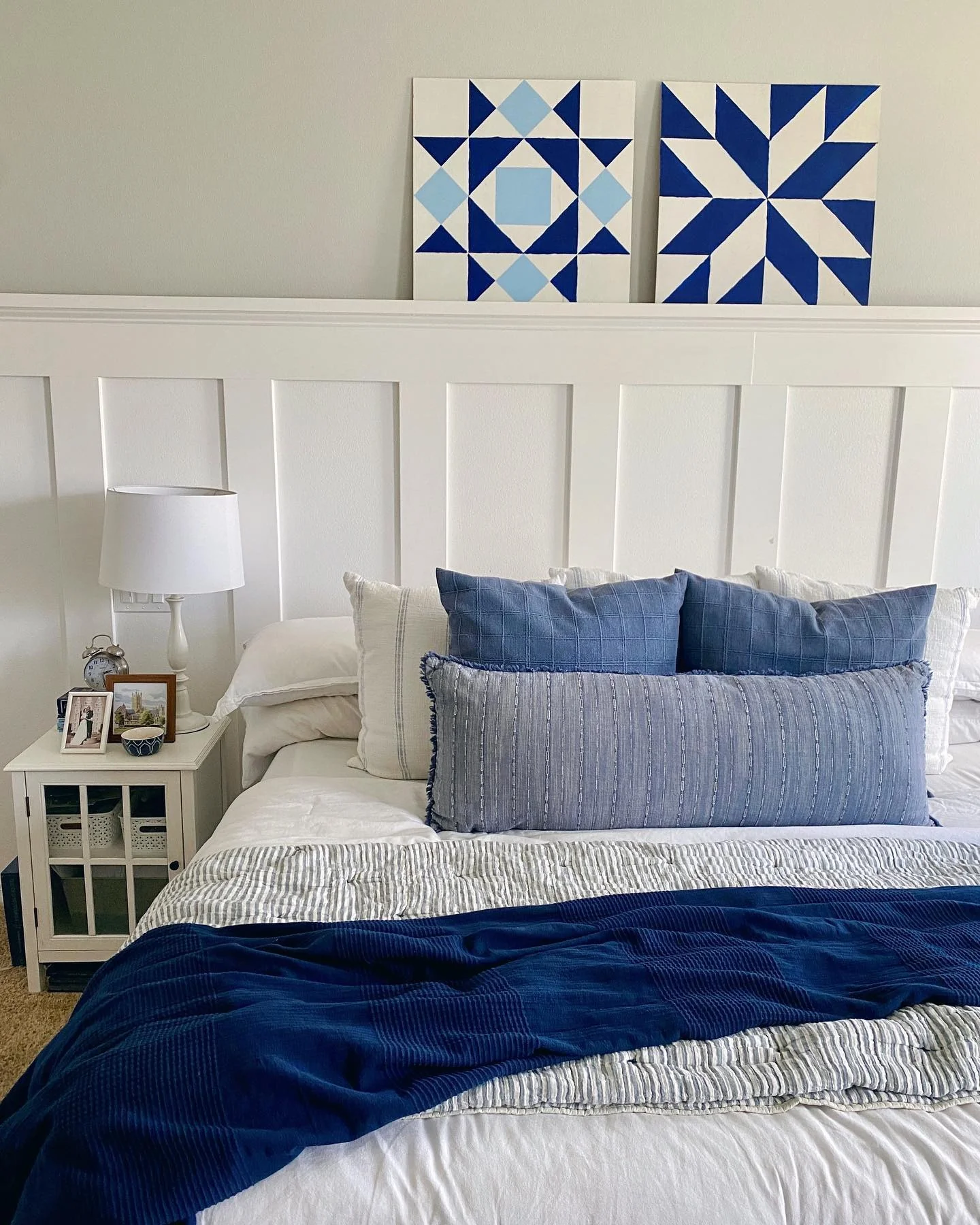 3. Modern Farmhouse with Quilted Texture (Blue and White Bedroom Ideas)
