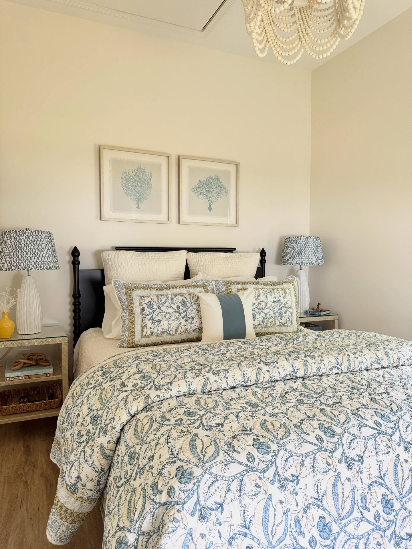 6. Botanical Patterns and Coastal Texture (Blue and White Bedroom Ideas)