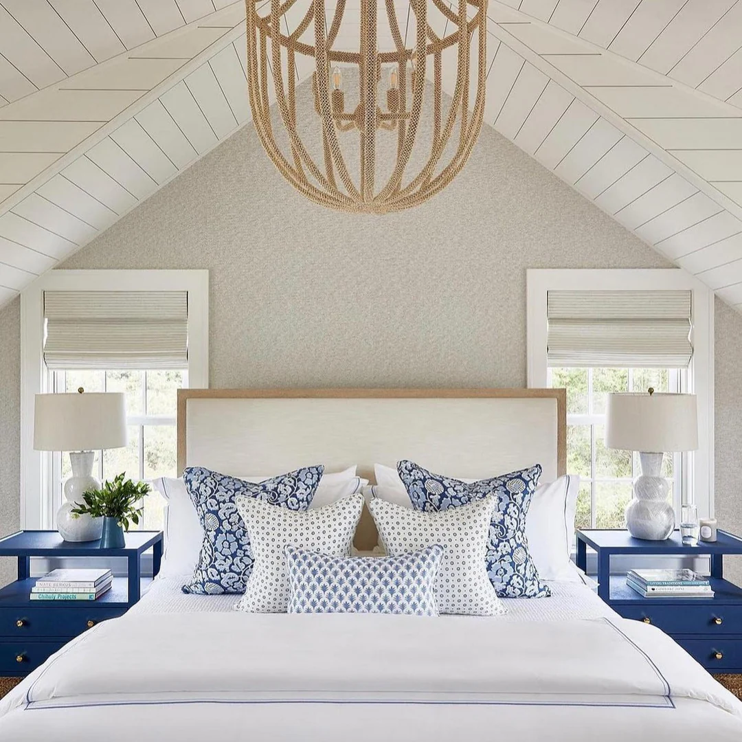 13. Vaulted Simplicity with Patterned Indigo (Blue and White Bedroom Ideas)