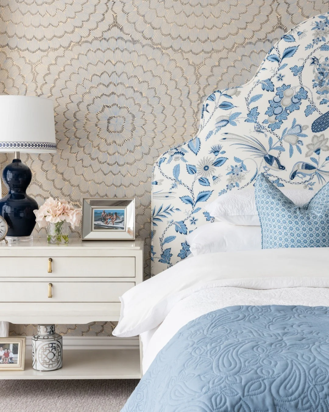 17. Floral Statement with Subtle Pattern Play (Blue and White Bedroom Ideas)