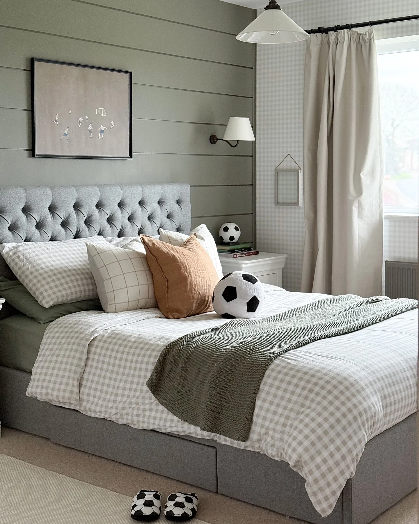 9. Muted Greens with Textural Layers (Football Bedroom Ideas)