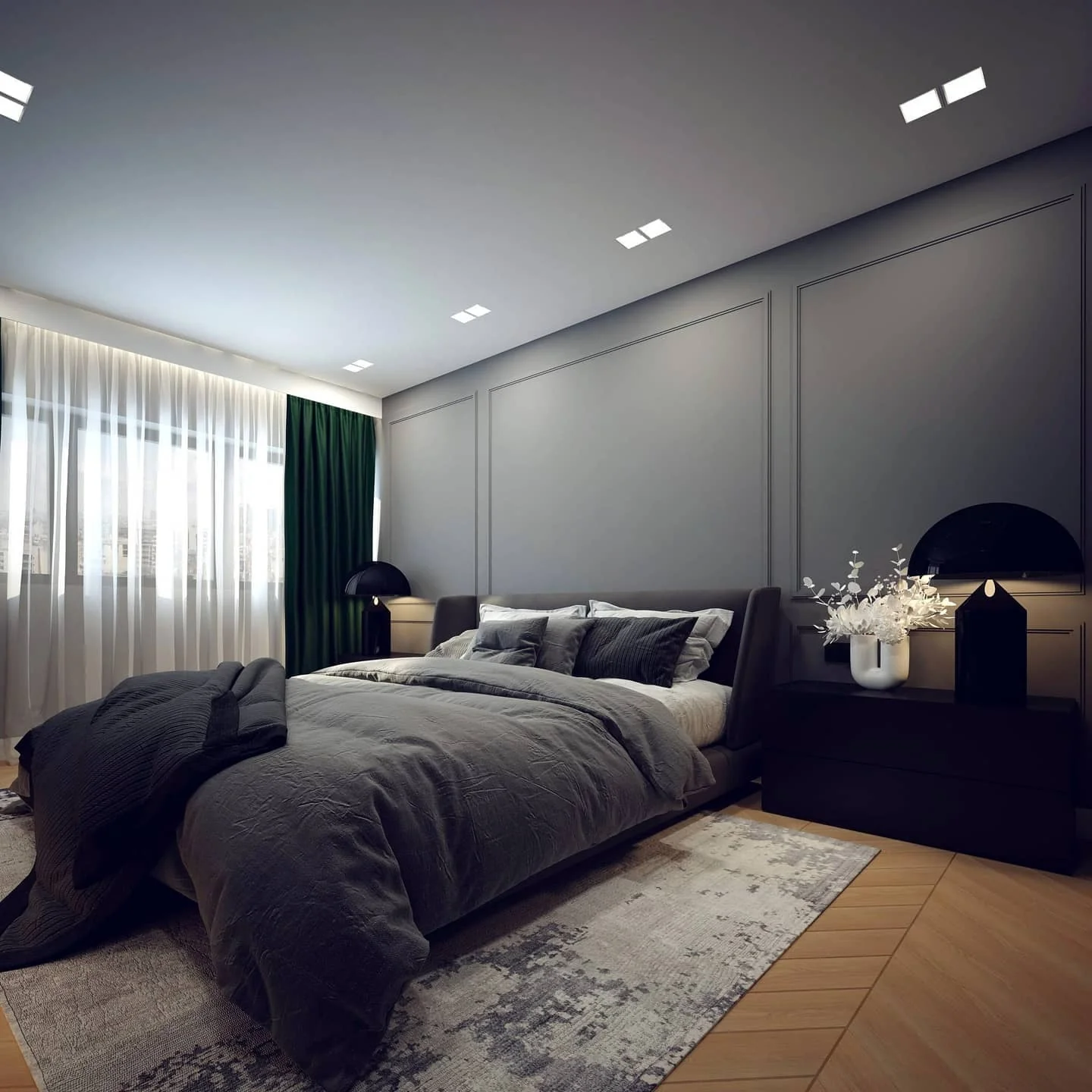 2. Contemporary Shadows and Soft Contrast (Grey Wall Bedroom Ideas)