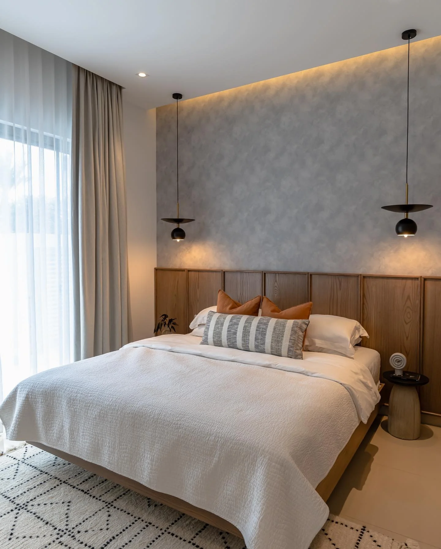 5. Light Wood and Stone Texture Harmony (Grey Wall Bedroom Ideas)