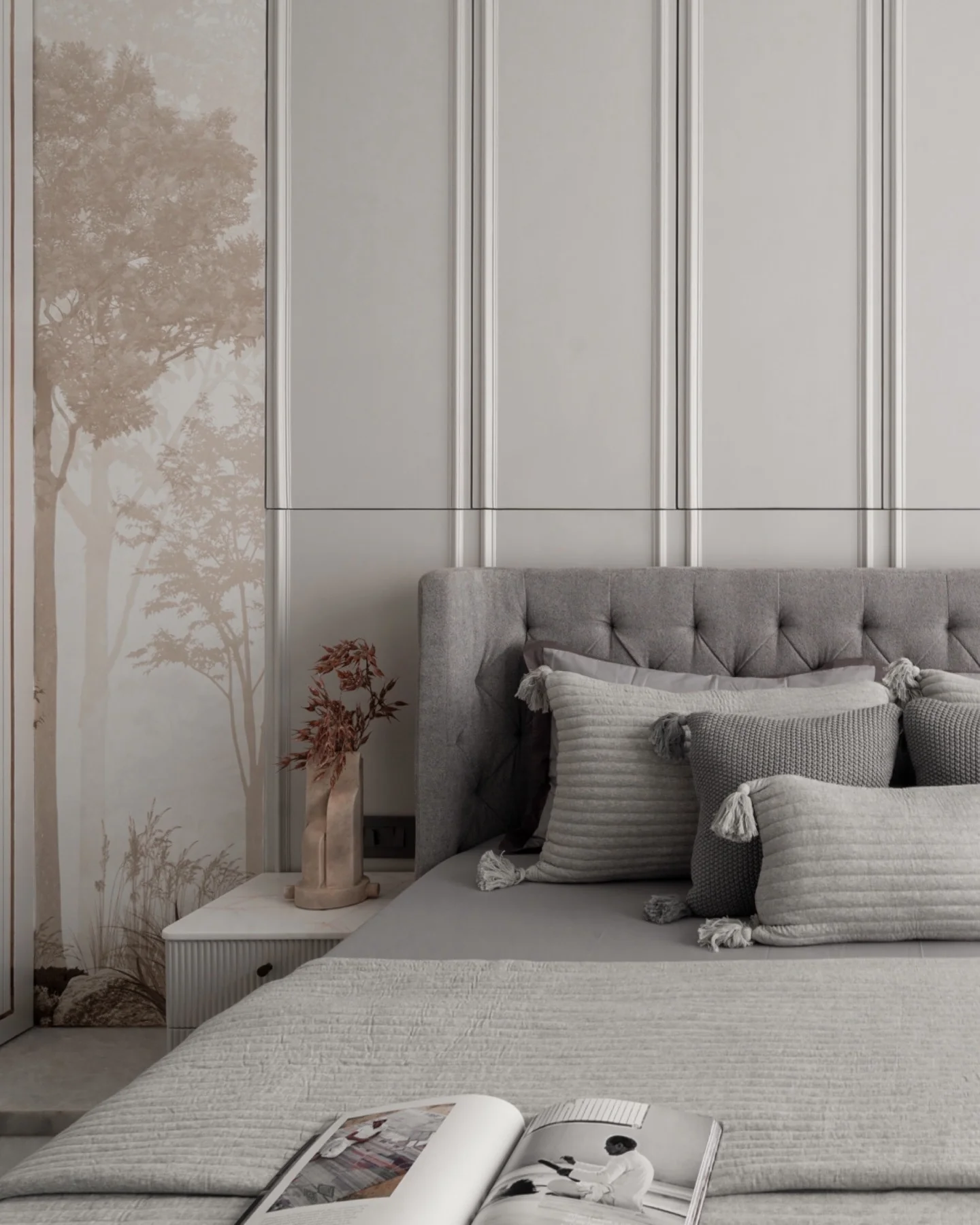 10. Subtle Contrast and Soft Geometry (Grey Wall Bedroom Ideas)