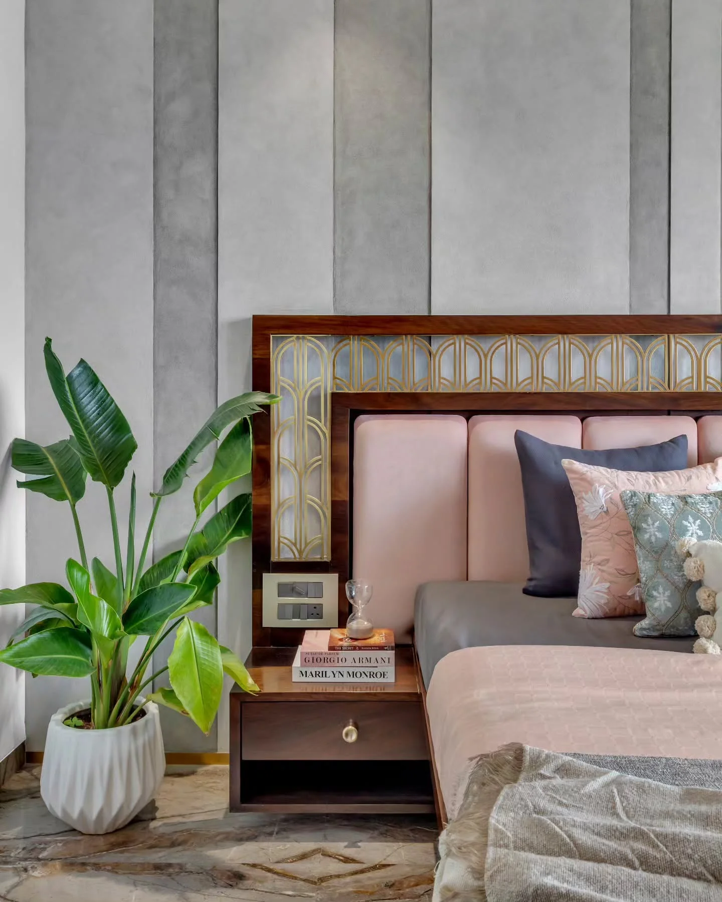 6. Art Deco Influence in Grey and Blush (Grey Wall Bedroom Ideas)