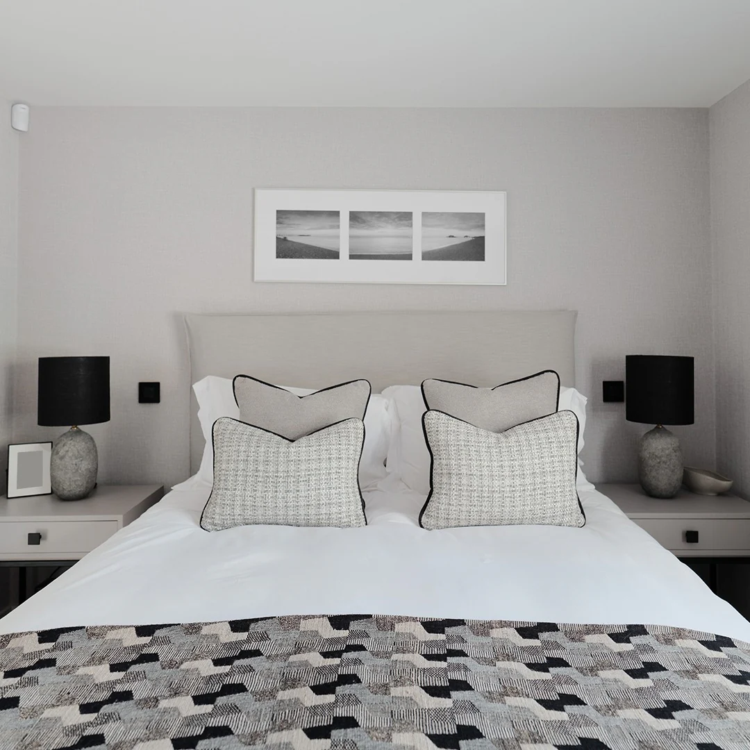 9. Tailored Layers in Light Grey Tones (Grey Wall Bedroom Ideas)