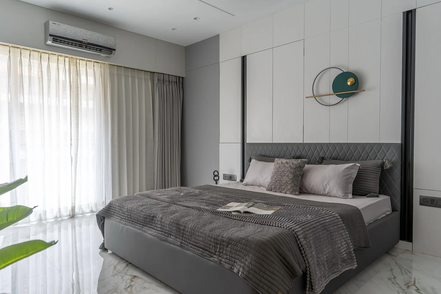 13. Minimal Geometric with Quilted Texture (Grey Wall Bedroom Ideas)