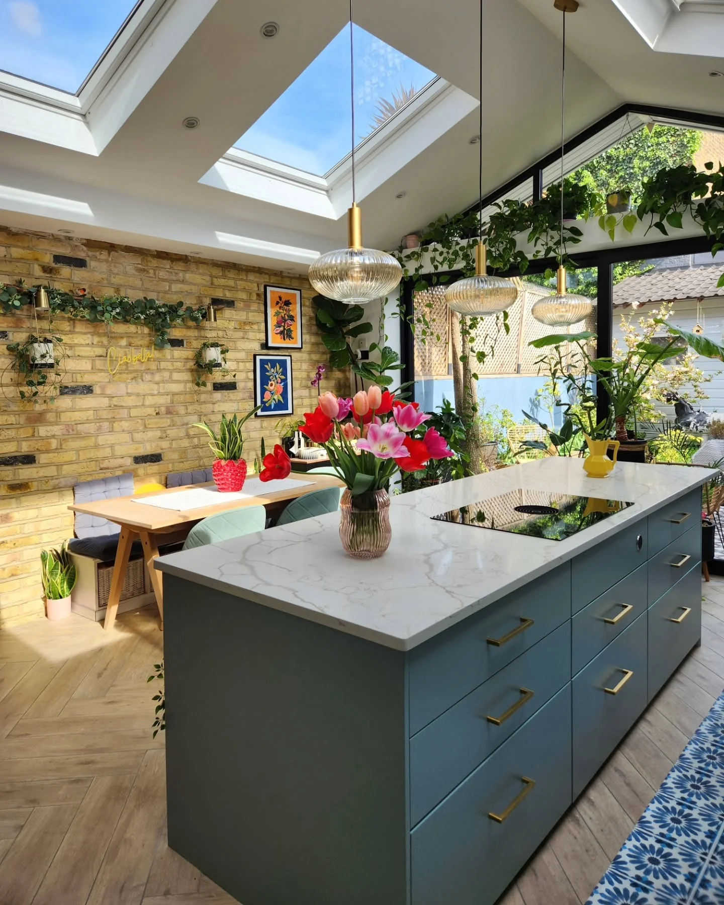 3. Botanical Modern with Blue Accents (Open Lounge Kitchen Ideas)