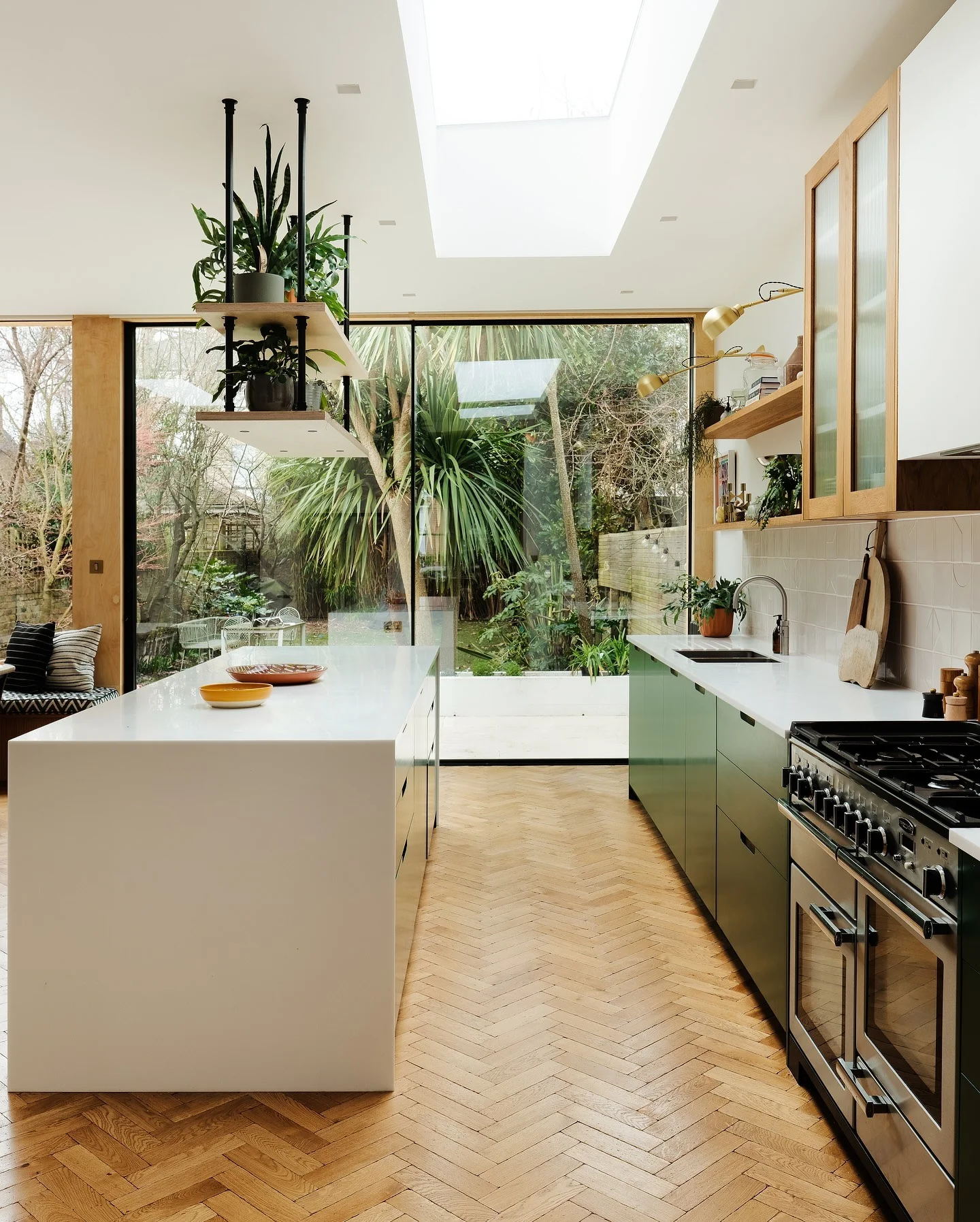 10. Scandi-Green with Indoor Garden Views (Open Lounge Kitchen Ideas)