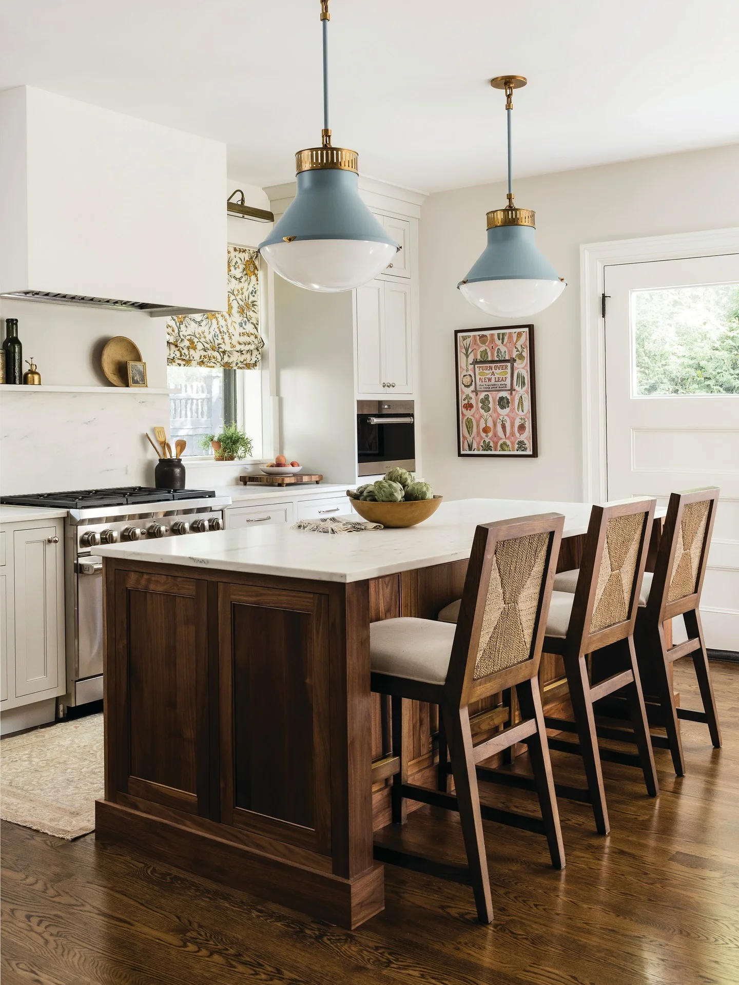 11. Soft Blue Accents with Walnut Contrast (Open Lounge Kitchen Ideas)