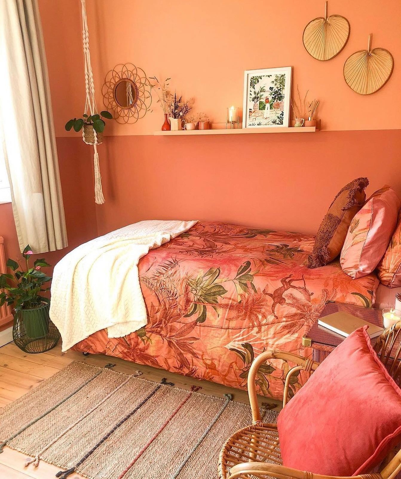 2. Warm Monochrome Escape in Peachy Terracotta (Coral Bedroom Ideas)
