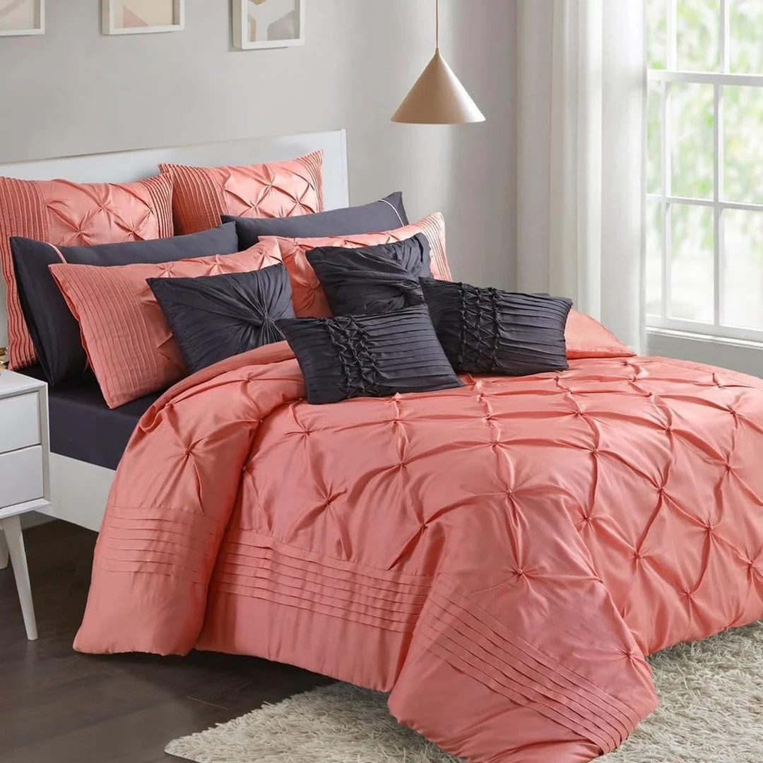 5. Modern Glam with Coral and Charcoal Contrast (Coral Bedroom Ideas)