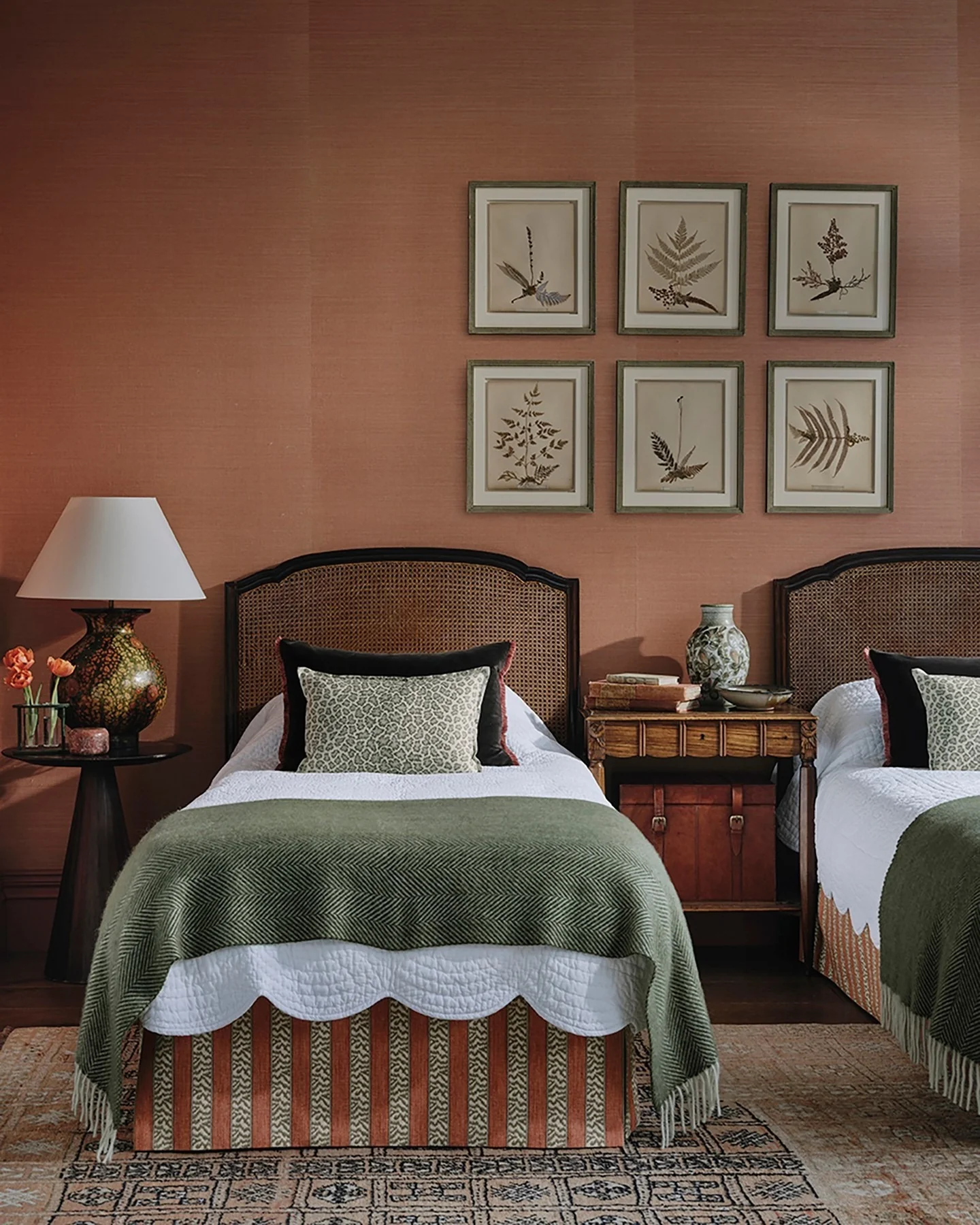 9. Earthy Coral Twinscape with Olive Accents (Coral Bedroom Ideas)
